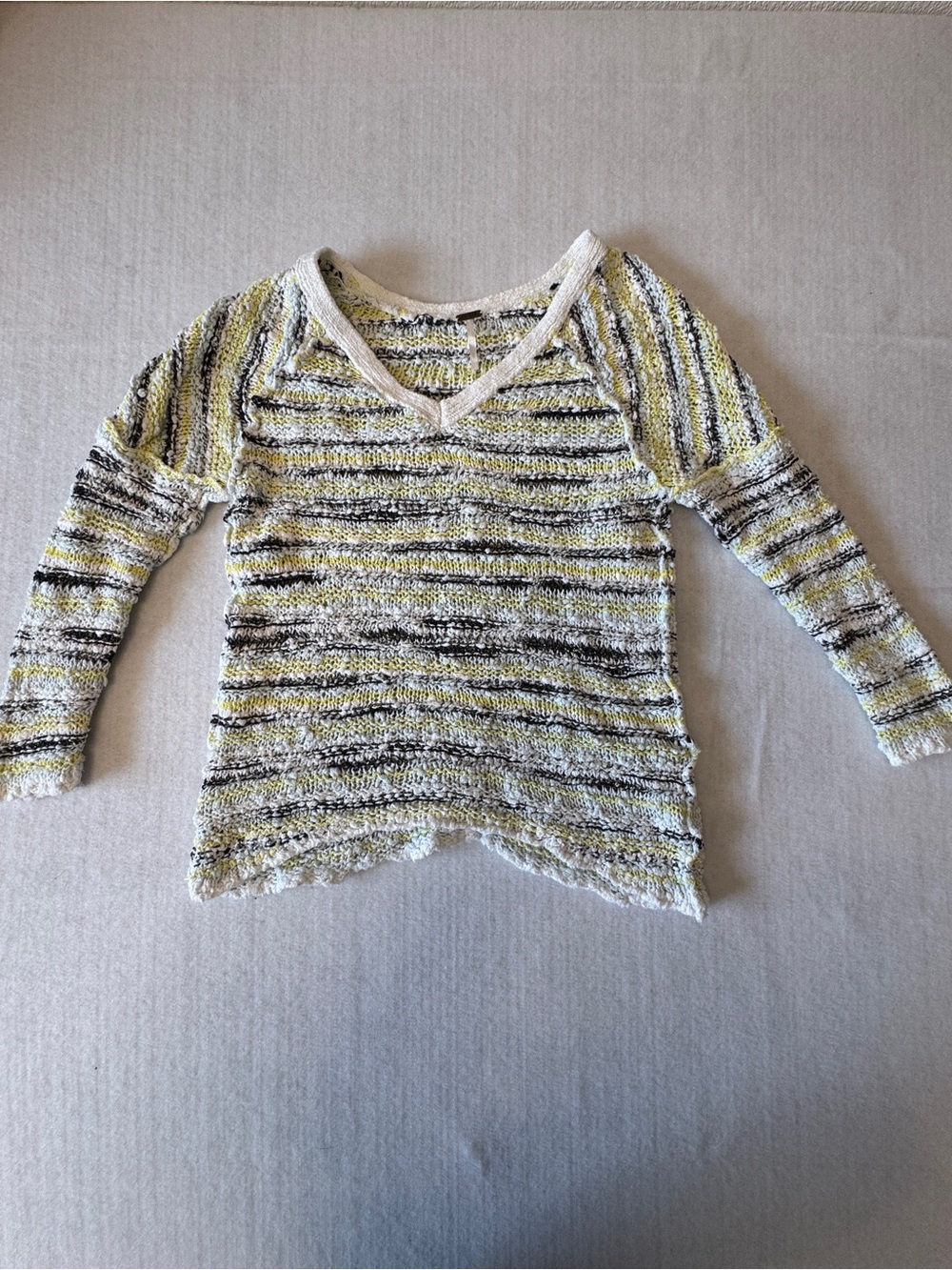 Free People Striped V-Neck Sweater in Yellow, Black, Cream